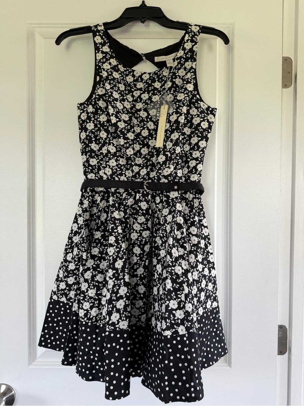 Girls' Black & White Floral Belted Fit-and-Flare Dress
